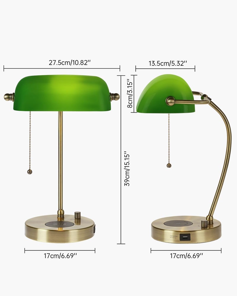 Newrays Green Glass Bankers Desk Lamp with Wireless Charger, USB Charging Port for Home Office,Stepless Dimmable Table Lamp Plug in Fixture,LED Bulb Included - Image 4